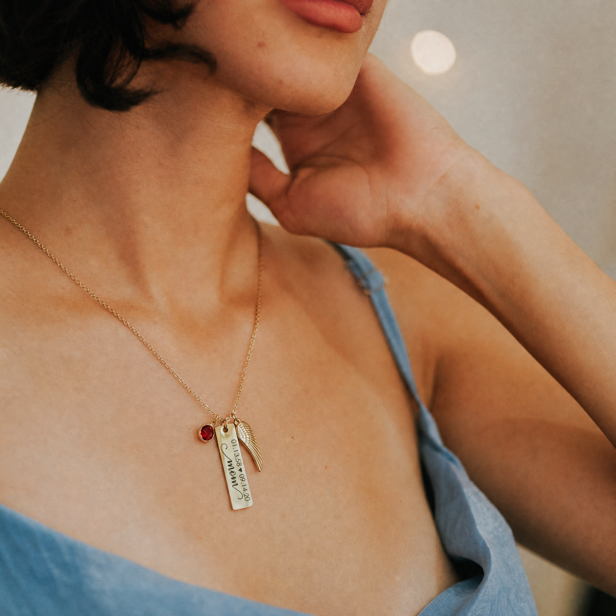 Personalized Memorial Wing & Birthstone Necklace