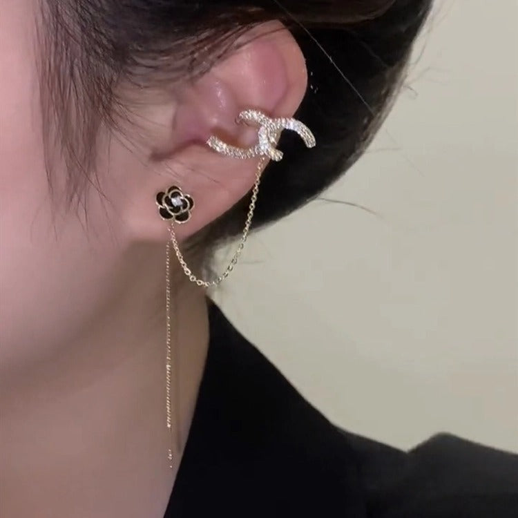C-Shaped Black Camellia Microset Zircon Earrings