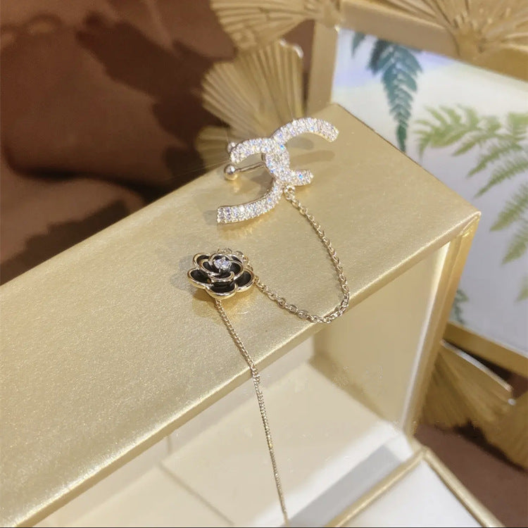 C-Shaped Black Camellia Microset Zircon Earrings