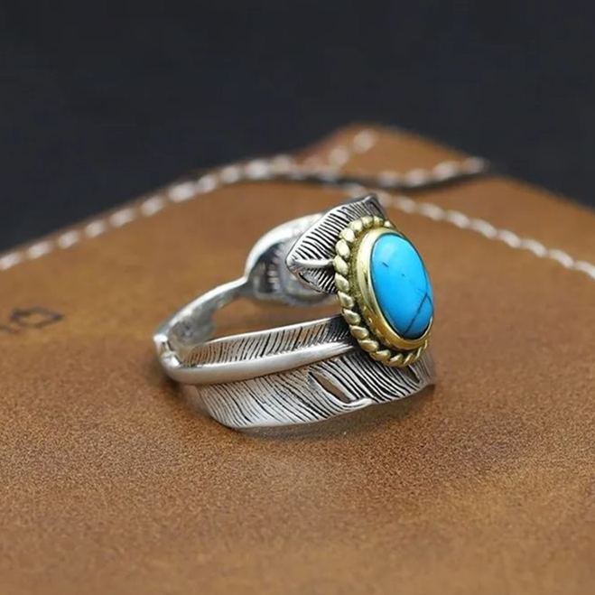 925 Sterling Silver Boho Feather Turquoise Adjustable Ring
