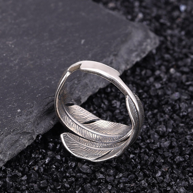 925 Sterling Silver Boho Feather Turquoise Adjustable Ring
