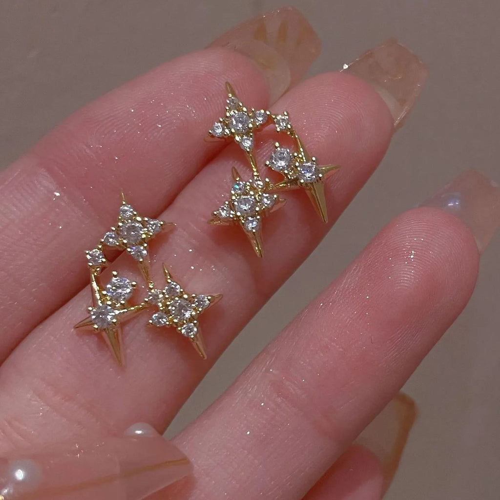 Sparkling Star Silver Needle Stud Earrings
