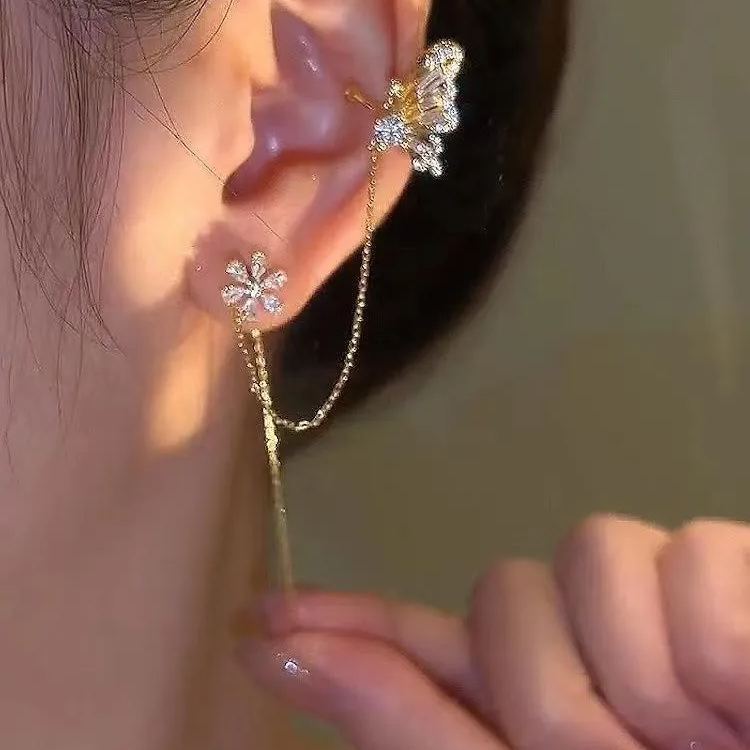 Flower Butterfly Tassel Style Zircon Earrings