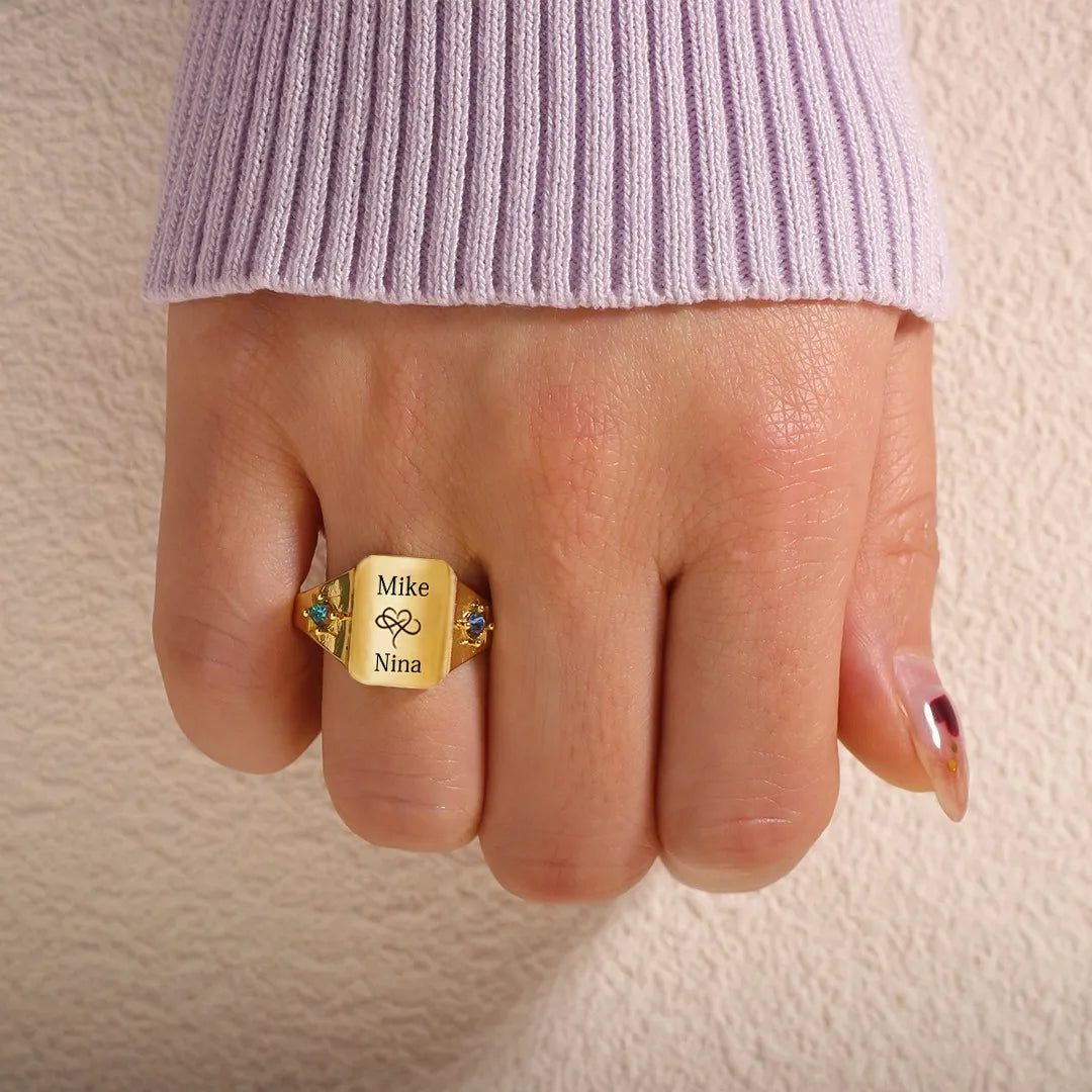 For Love - Custom Names And Birthstones Dainty Ring