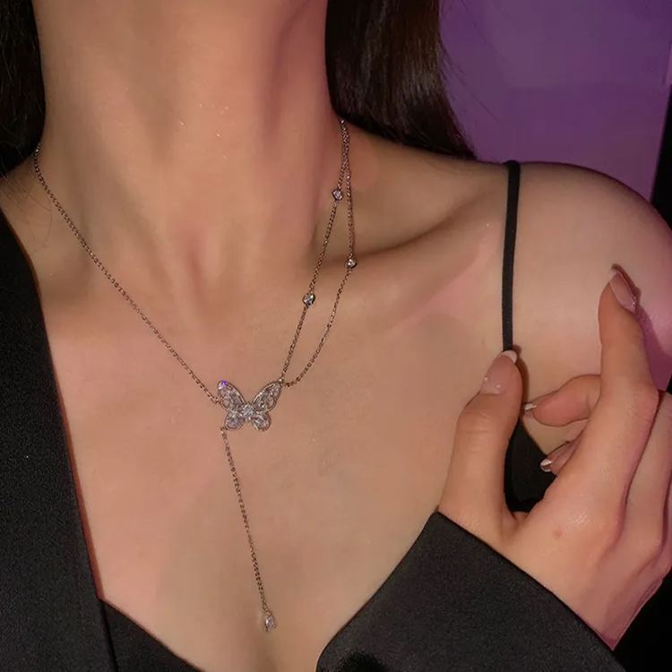 Sparkling Zircon Butterfly Tassel Necklace