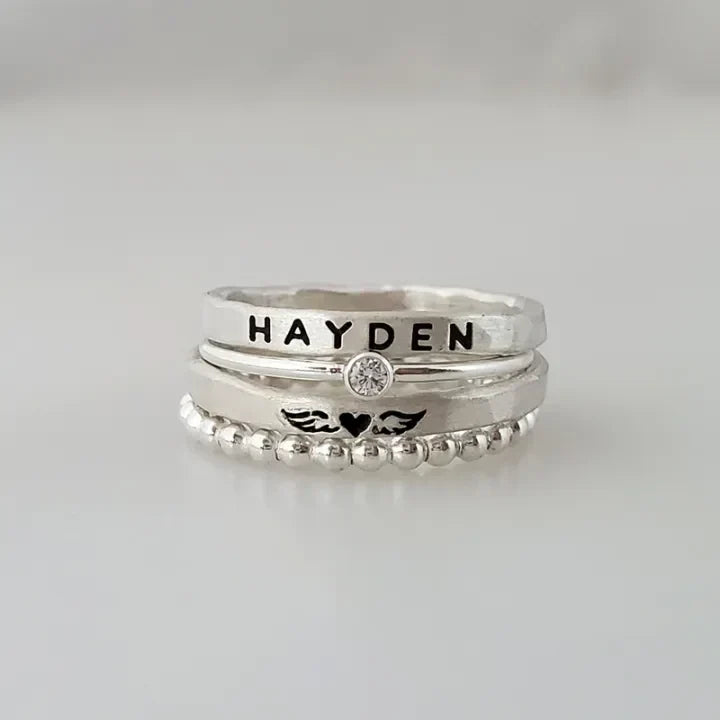 For Memorial- Angel Wings Custom Birthstone&Name Stacked Ring