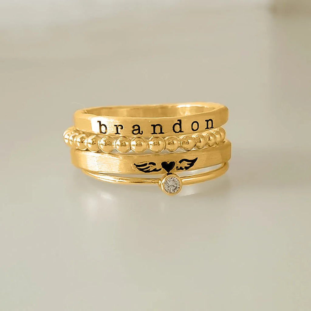 For Memorial- Angel Wings Custom Birthstone&Name Stacked Ring