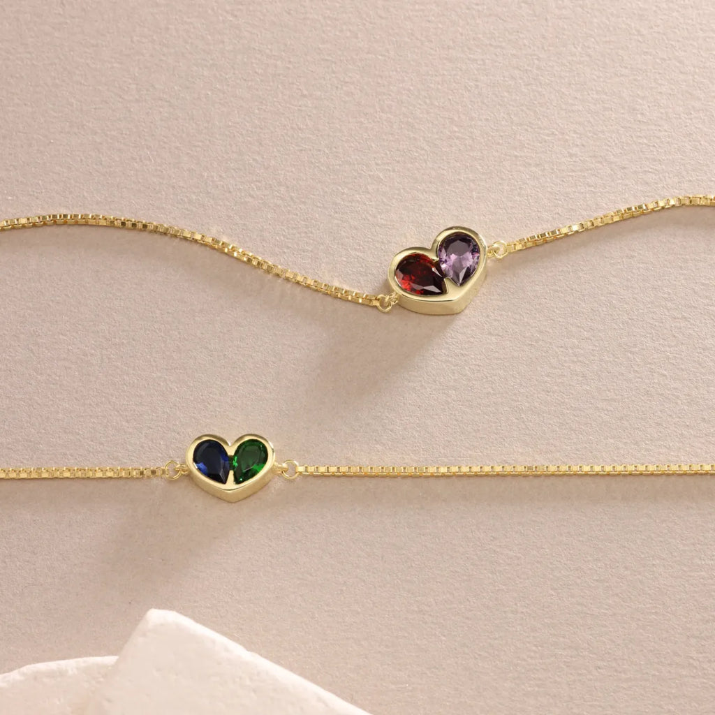 For Unbiological Daughter - Forever Linked Together Custom Heart Birthstones Bracelet