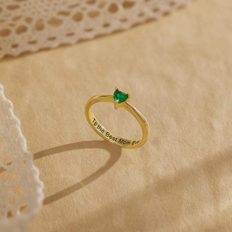 For Love - Engraved Heart Birthstone Ring
