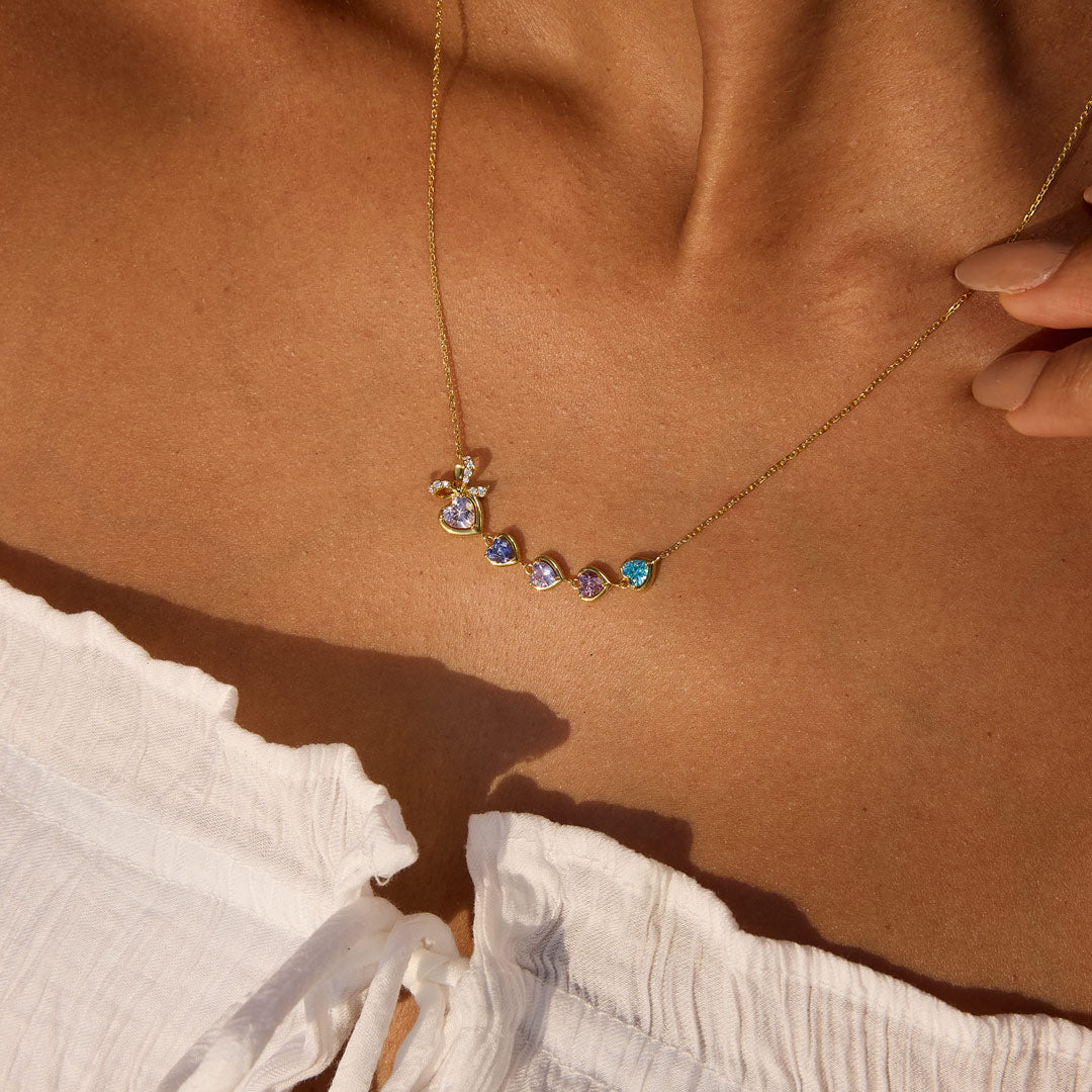 Mama's Heartbeats Mom And 1-6 Birthstone Bow Necklace
