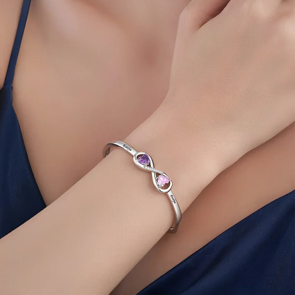 Personalized Infinity Double Heart Birthstones Cuff Bracelet with Engraved Name