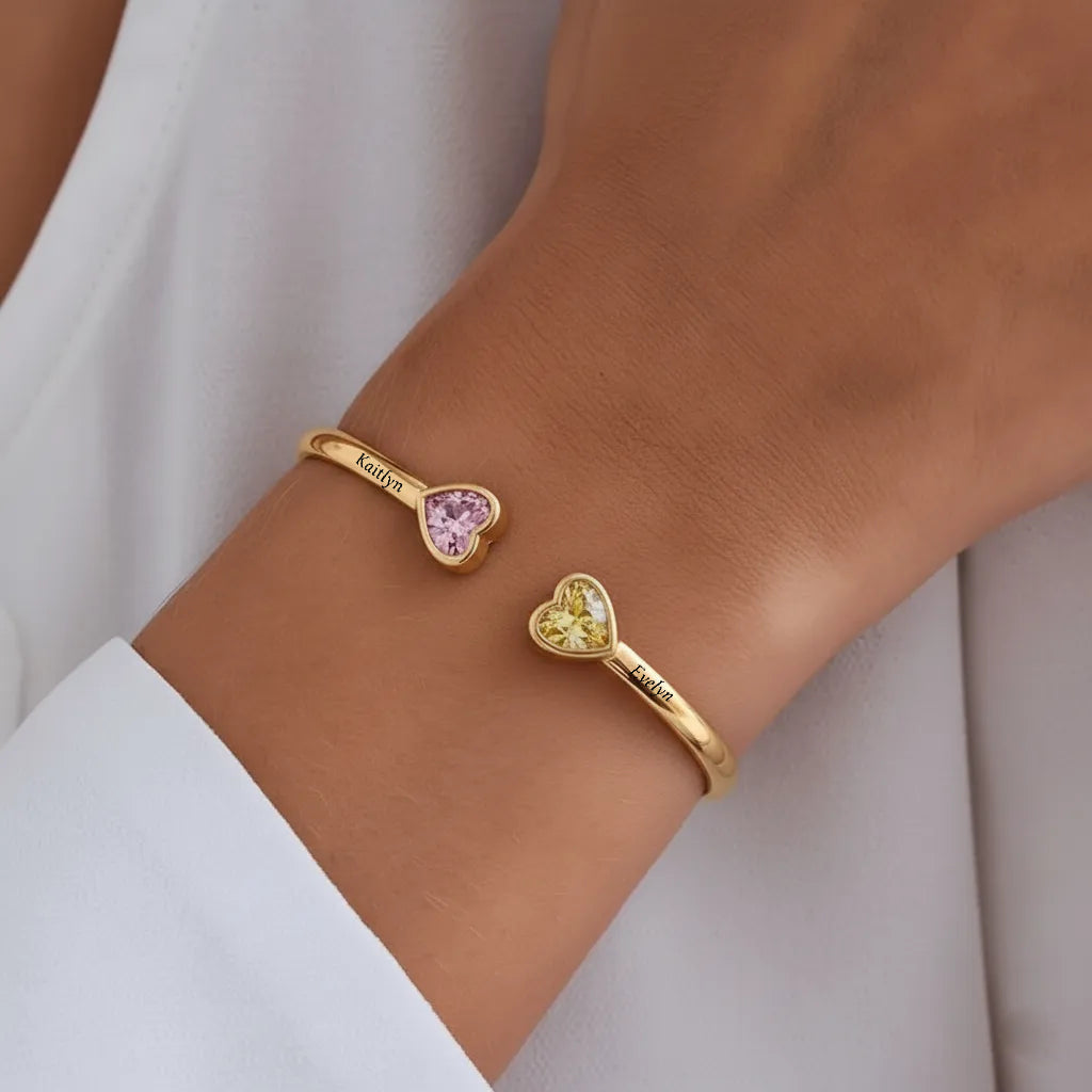 Grandmother And Granddaughter Double Heart Custom Birthstone&Name Bracelet