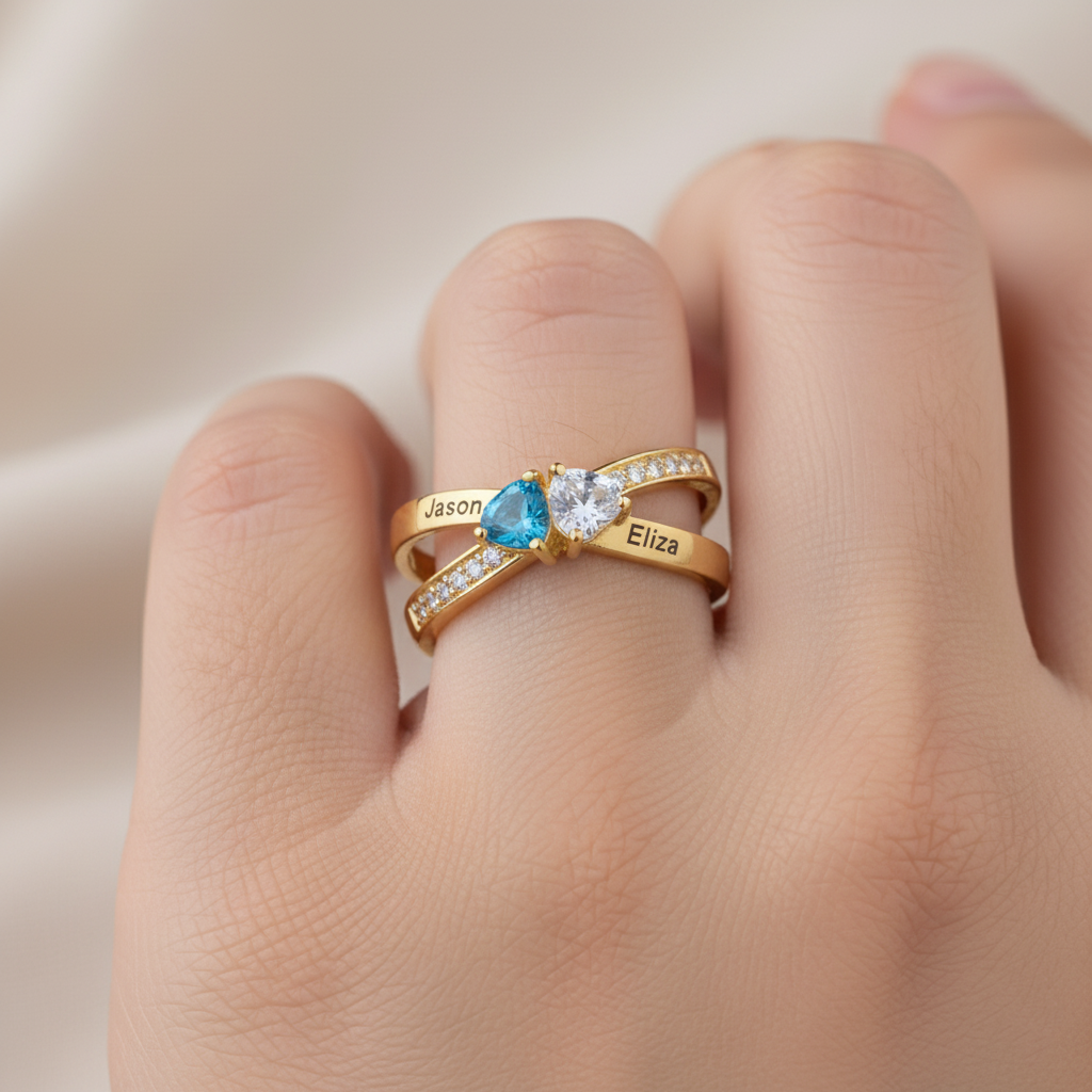 For Love - Custom Promise Two Heart Birthstone Ring