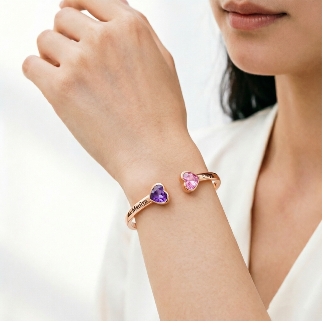Grandmother And Granddaughter Double Heart Custom Birthstone&Name Bracelet