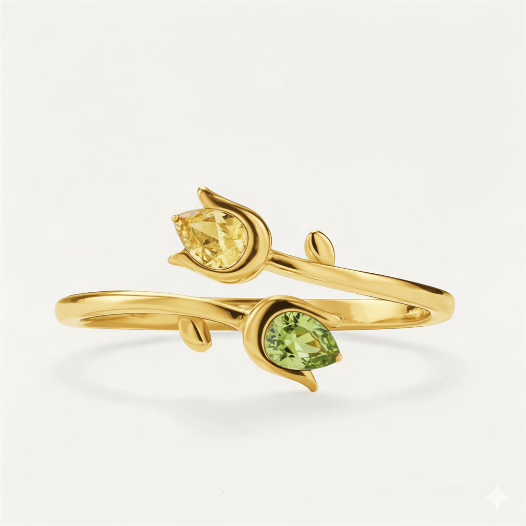 Mother&Daughter Double Birthstones Tuilp Ring