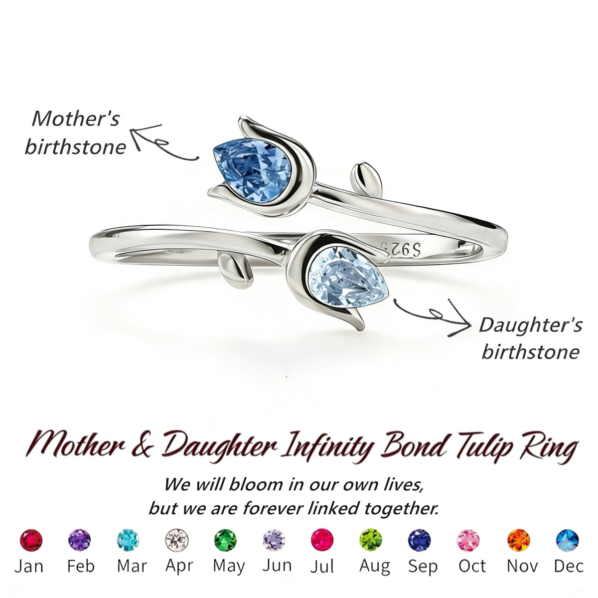 Mother&Daughter Double Birthstones Tuilp Ring