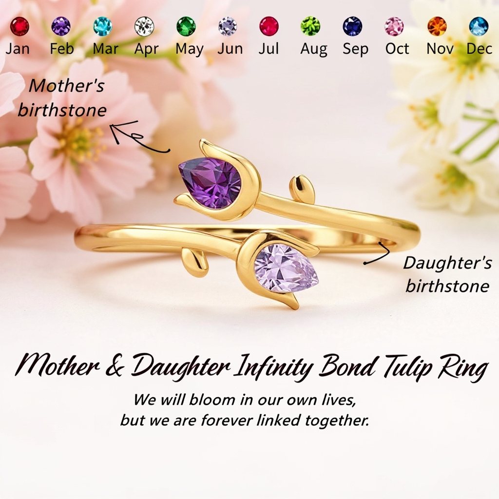 Mother&Daughter Double Birthstones Tuilp Ring