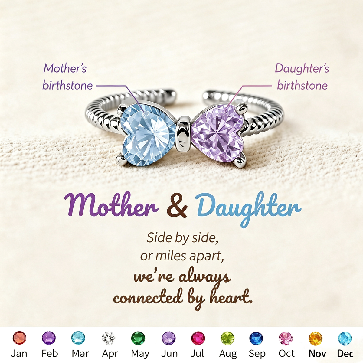 Mother&Daughter Double Birthstones Bow Ring