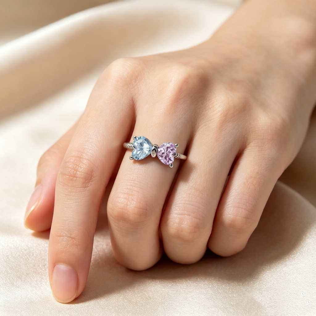 For Friend-Not Sisters By Blood But Sisters By Heart Custom Birthstones Bow Ring