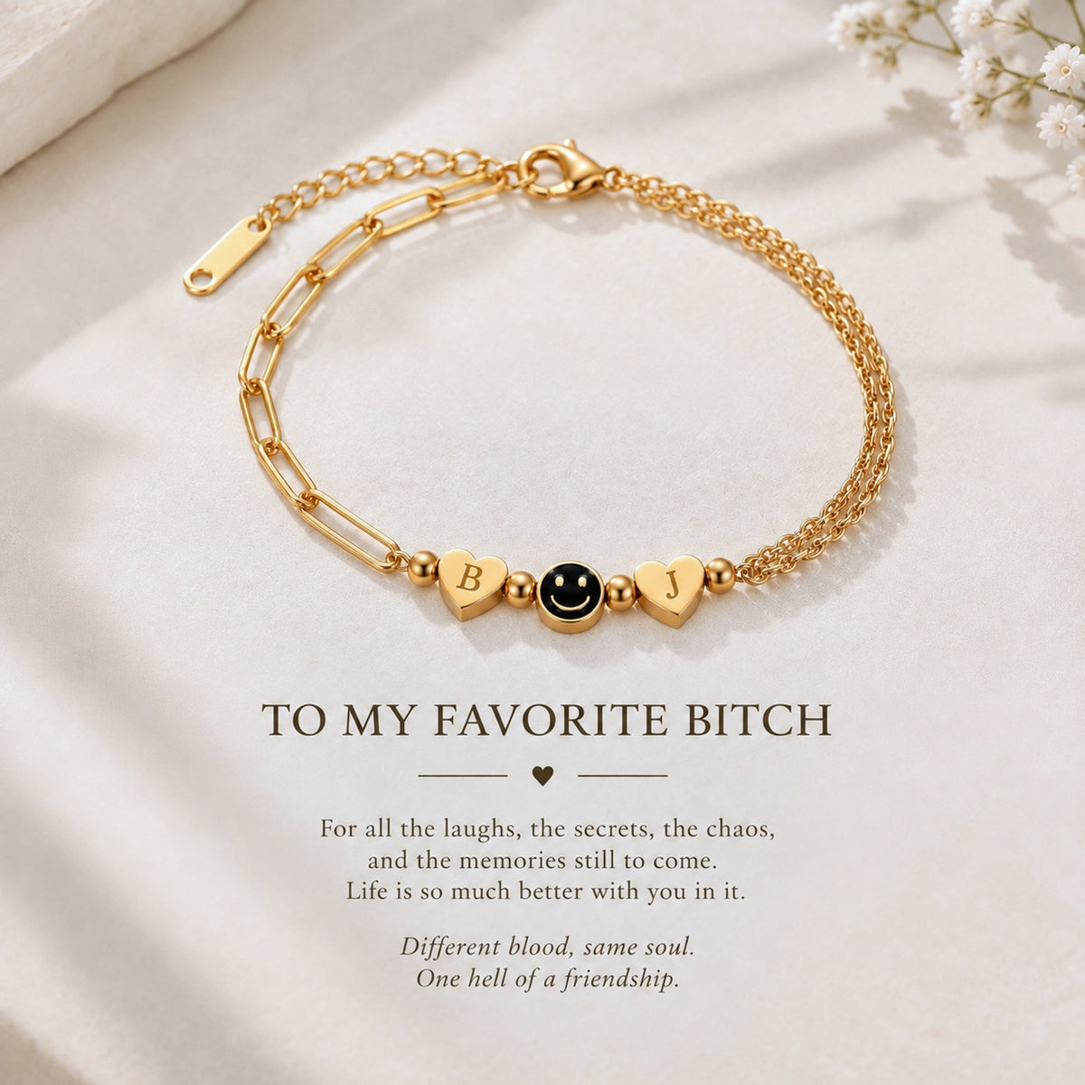 For Friend – You're My Favorite Bitch Custom Initial Hearts & Smiley Face Bracelet